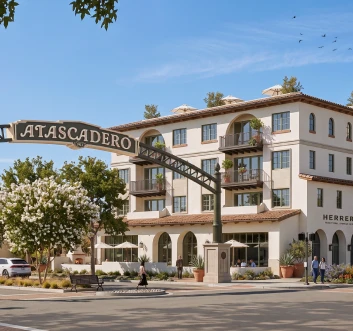 Architectural visualization of a mixed-use building beside the Atascadero gateway