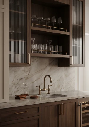 A study of timber cabinetry, marble, and brass in soft light