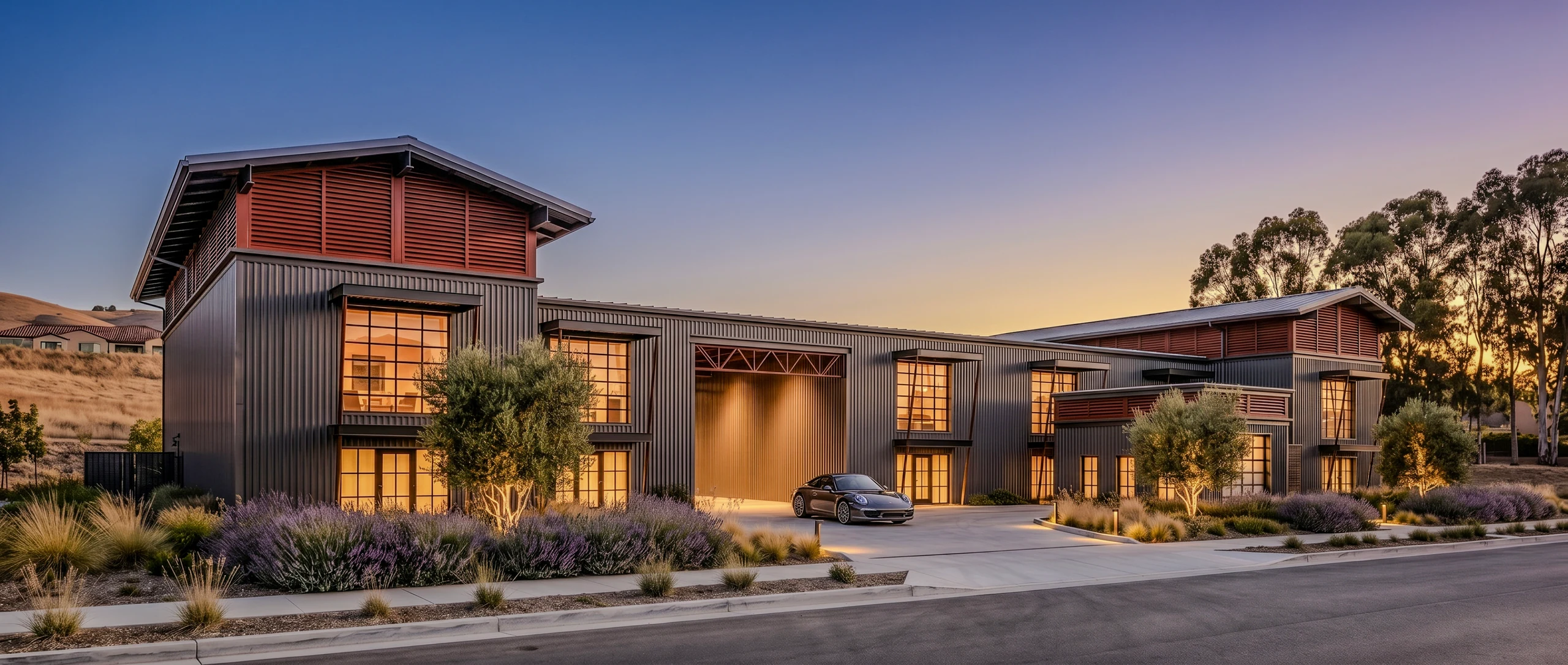 Nighttime architectural visualization of the AutoLofts development.
