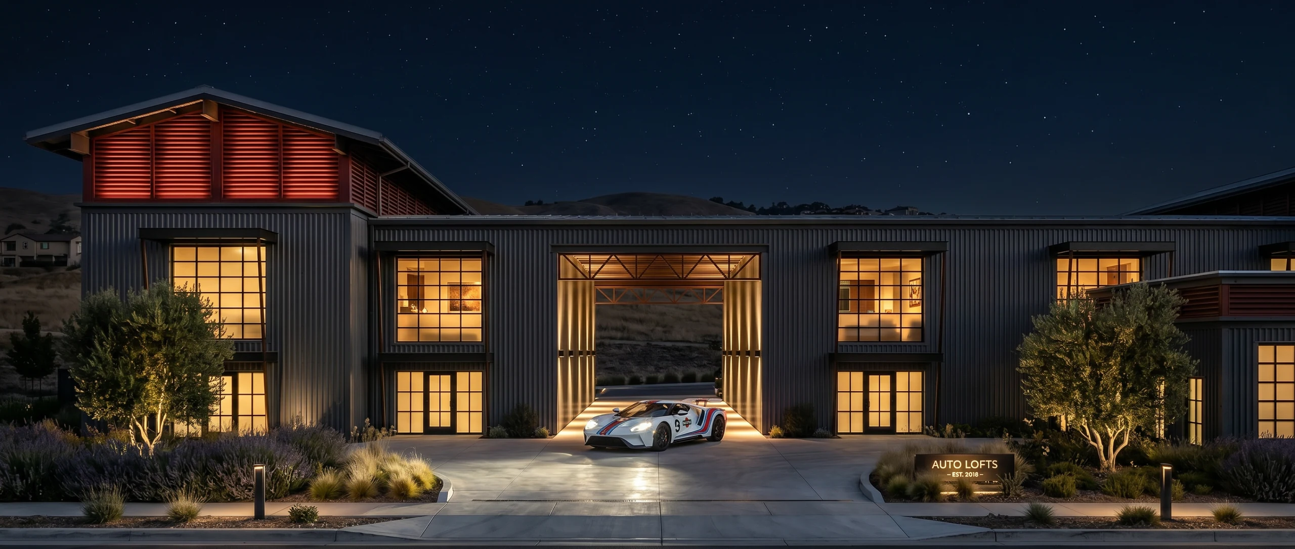 Alternate nighttime architectural visualization of AutoLofts.