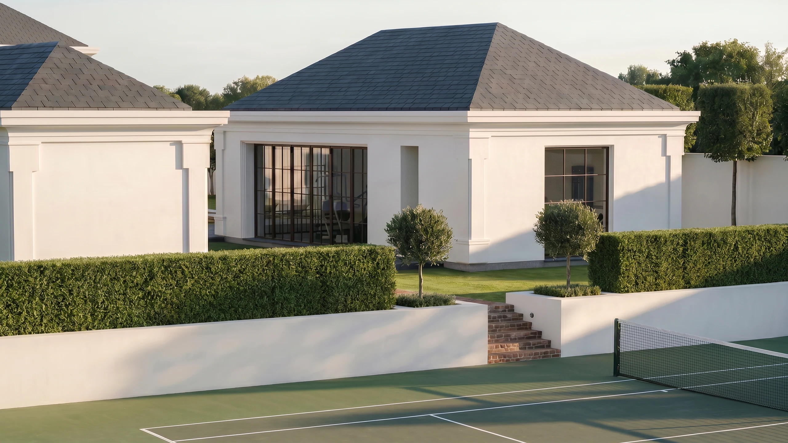 Architectural visualization of the tennis court at Las Vegas Estate.