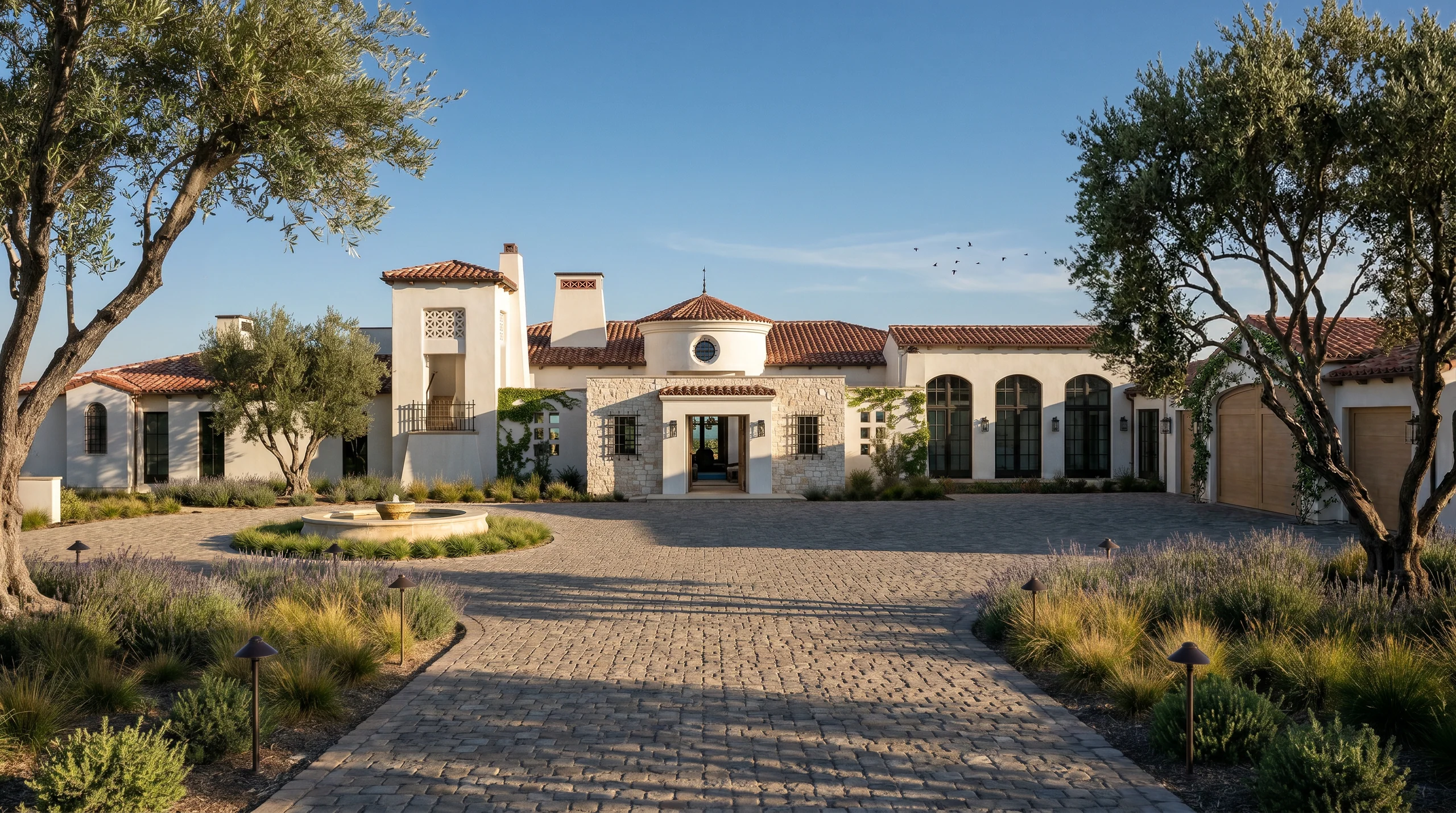 Daylight architectural visualization of the Spanish Oaks residence and arrival court.