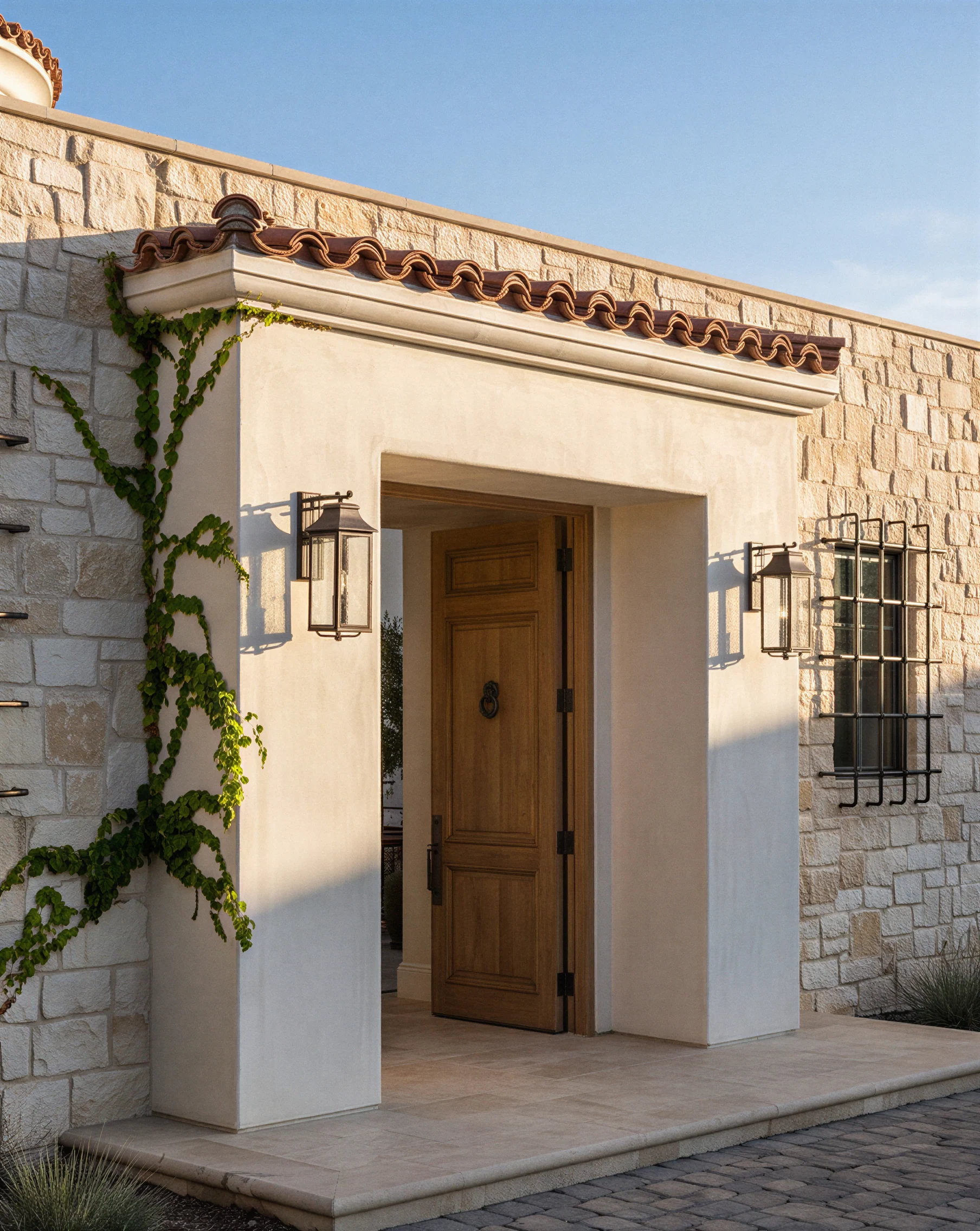 Detail of the timber entrance door, stone archway, and wall lanterns.