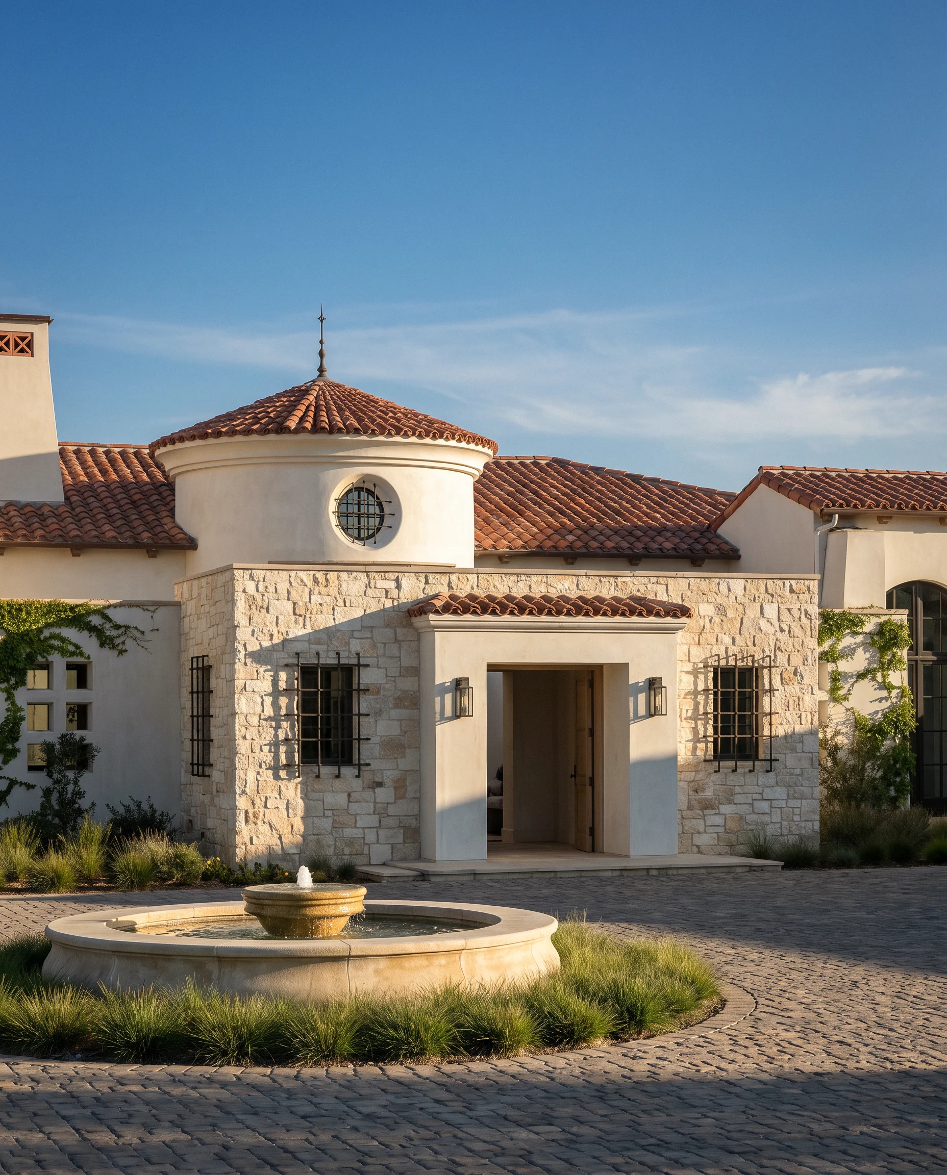 Spanish Oaks entrance and circular fountain, framed by stonework and terracotta roofs.