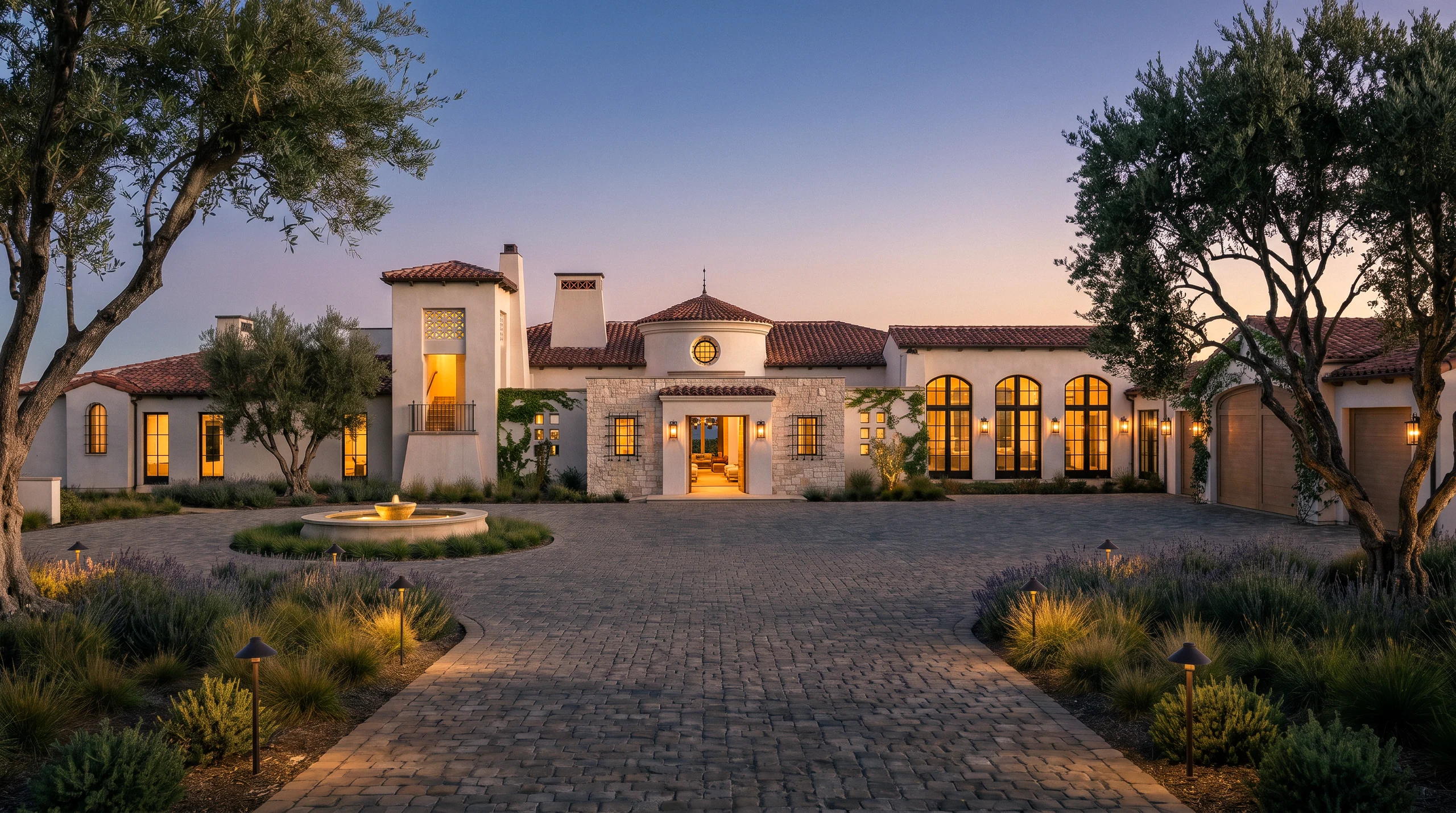 Dusk architectural visualization of Spanish Oaks, with illuminated windows and a landscaped arrival court.