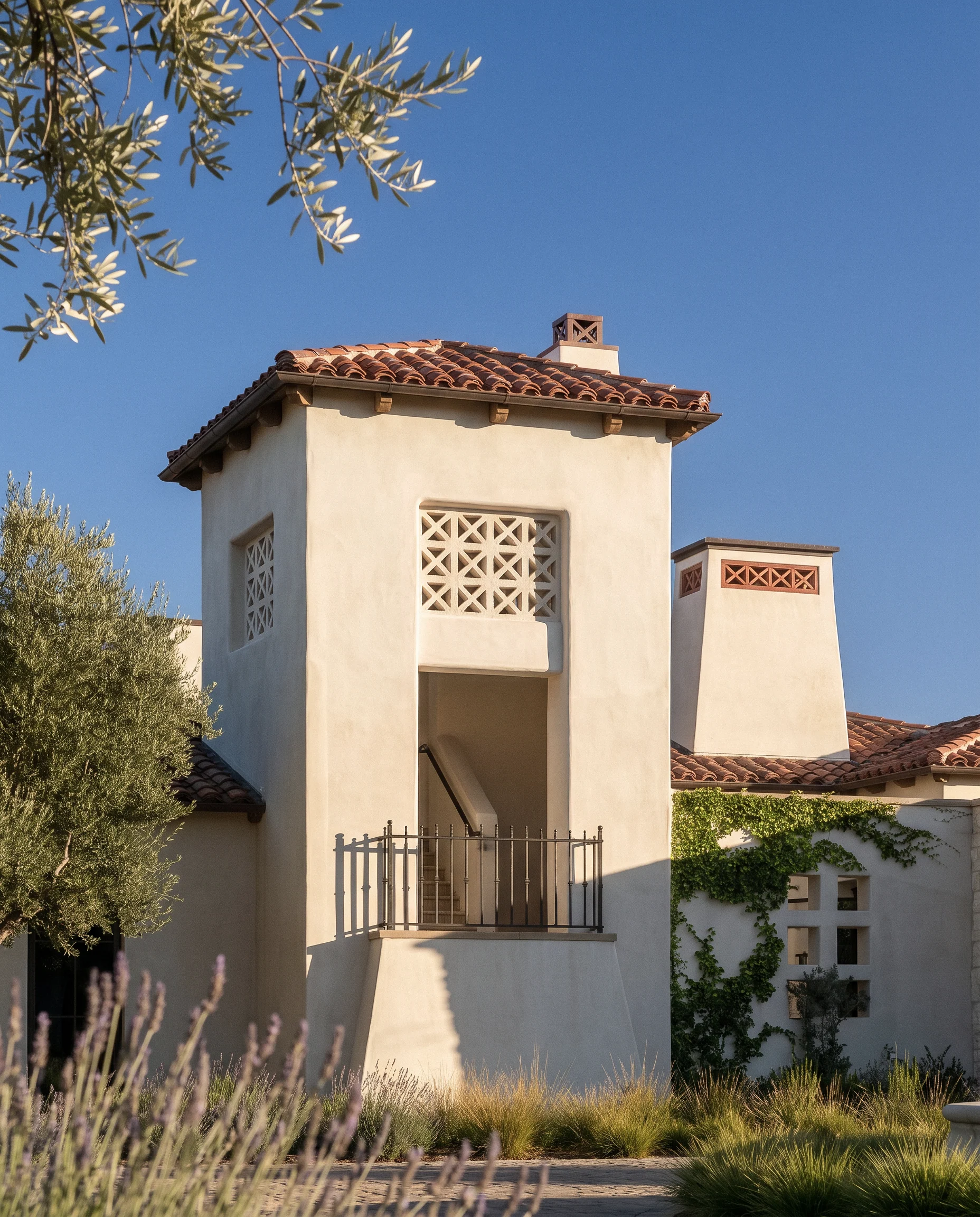 Spanish Oaks tower framed by olive branches and flowering landscape.