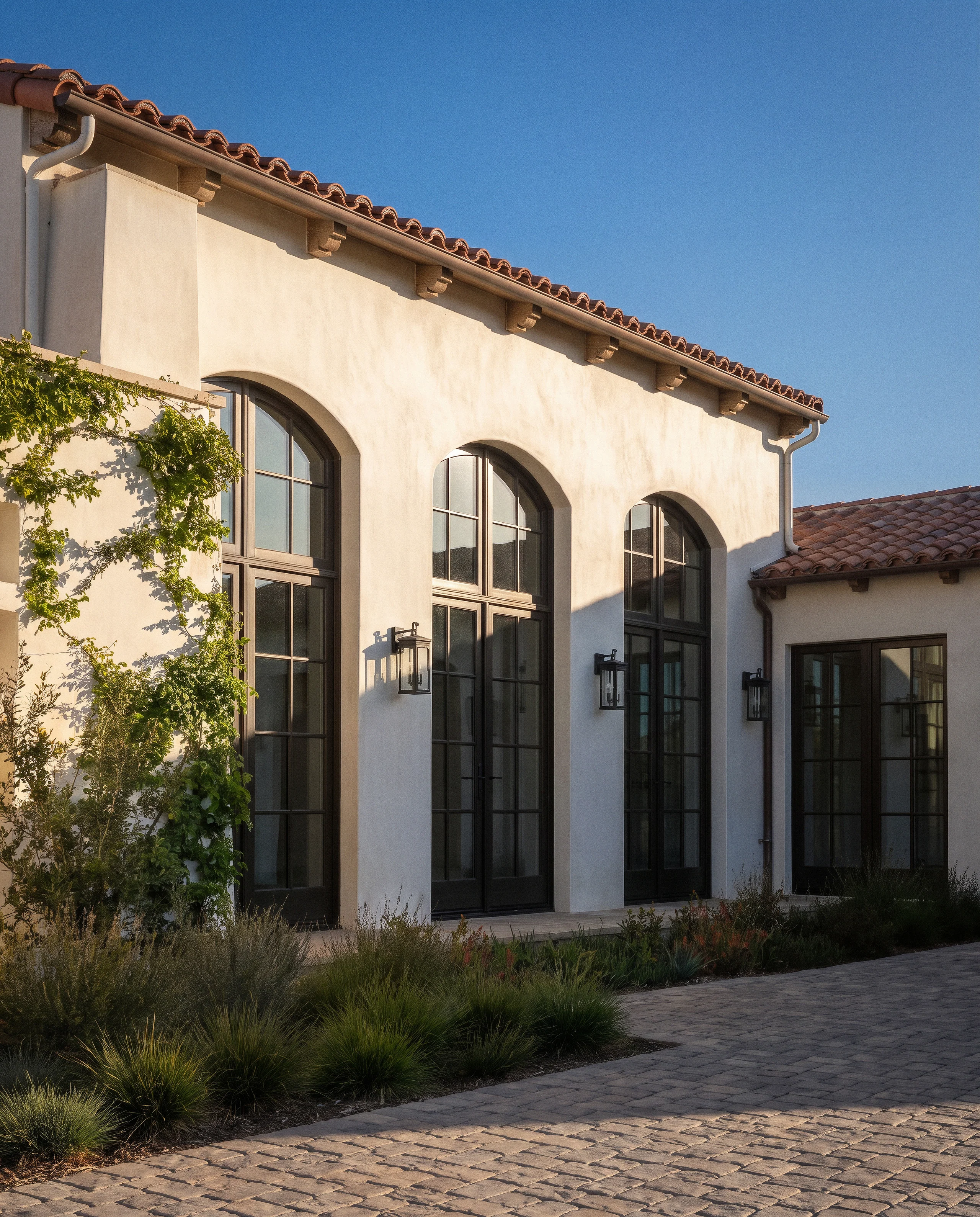 Tall arched windows and warm stucco walls at Spanish Oaks.