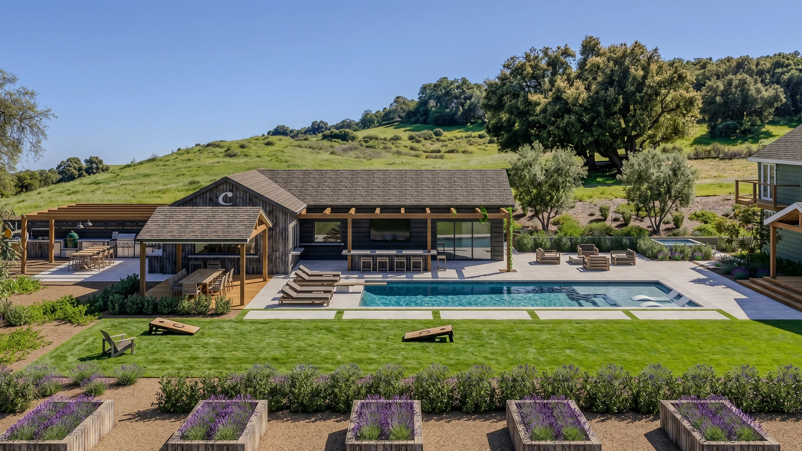 Summer Court landscape visualization showing a pool, outdoor dining, lawn, and garden against an oak-covered hillside.