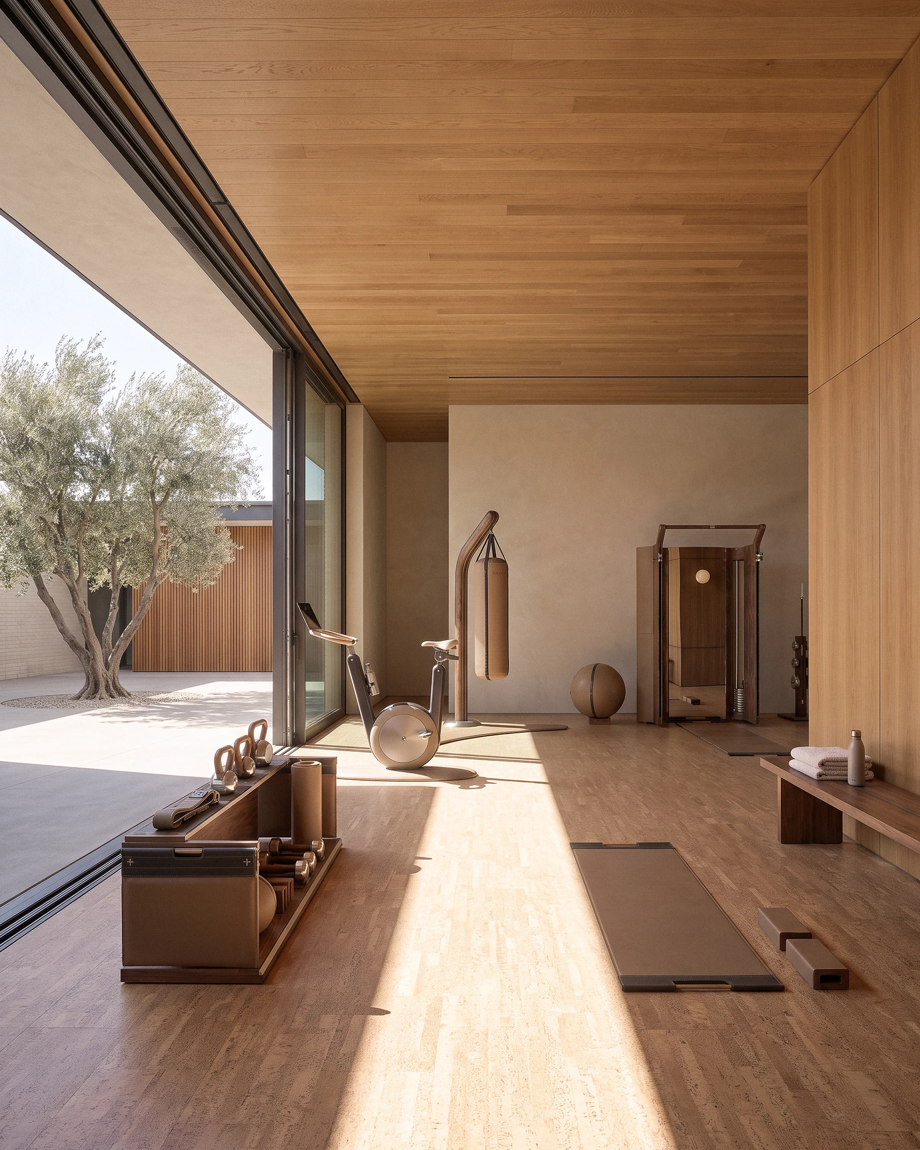 Timber-lined exercise room opening onto the Tiffany Ranch courtyard.
