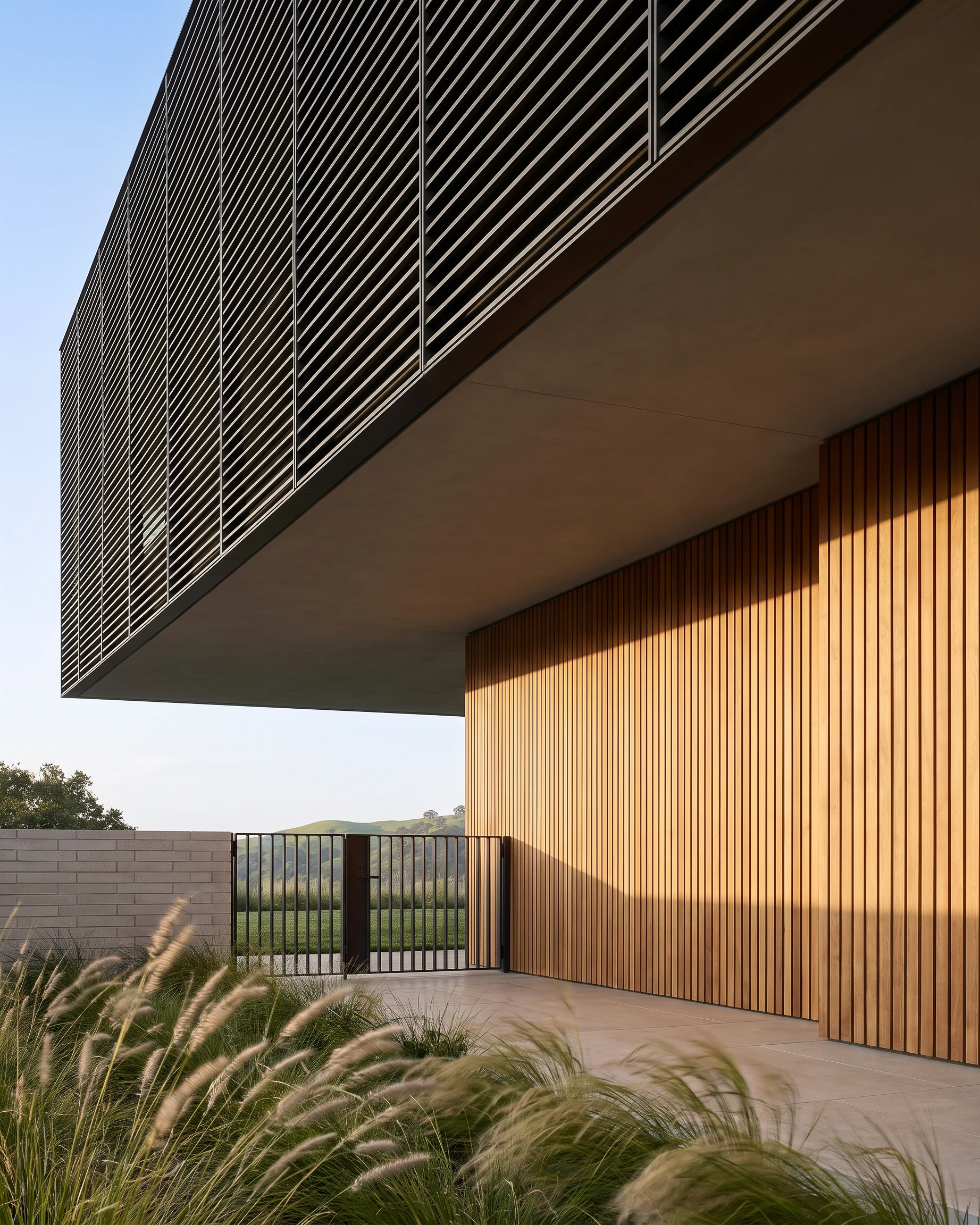 Cantilevered upper floor above a timber-clad entrance at Tiffany Ranch.