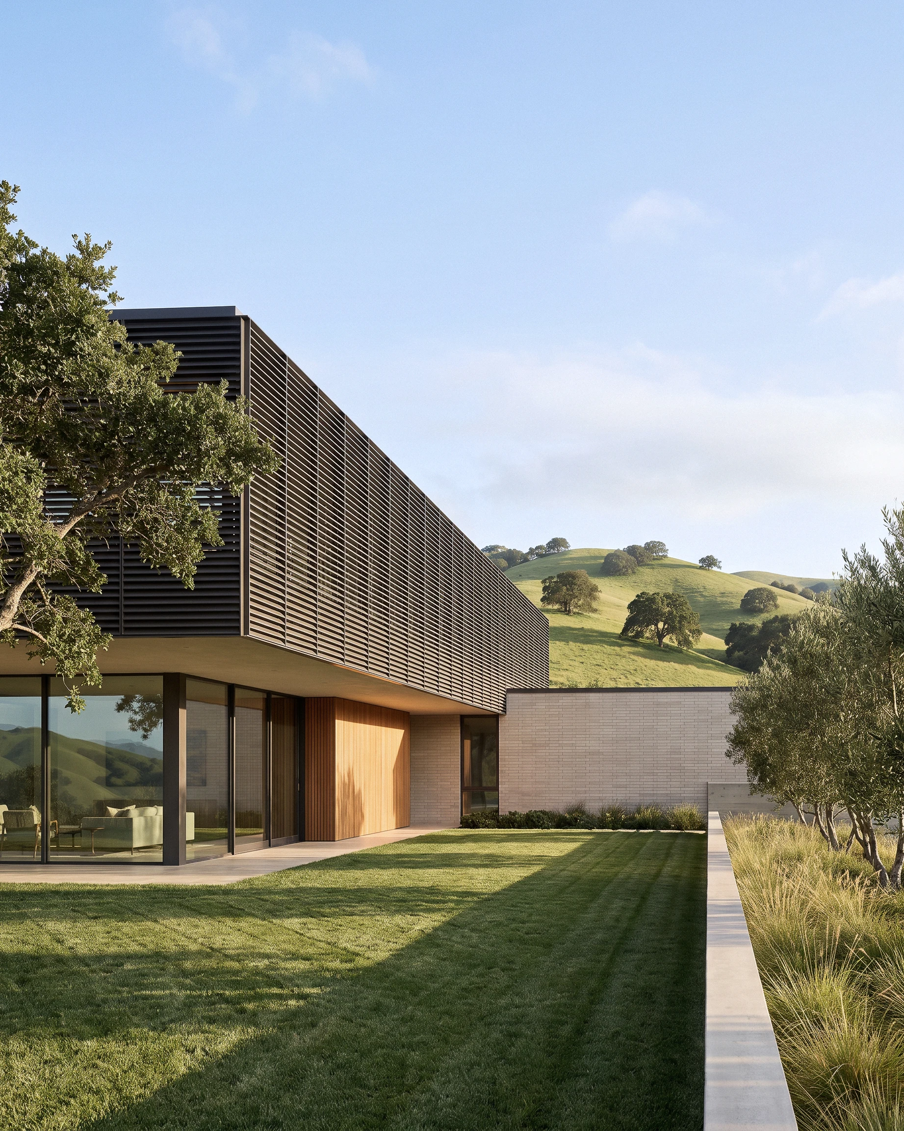 Tiffany Ranch residence opening onto a lawn with rolling hills beyond.