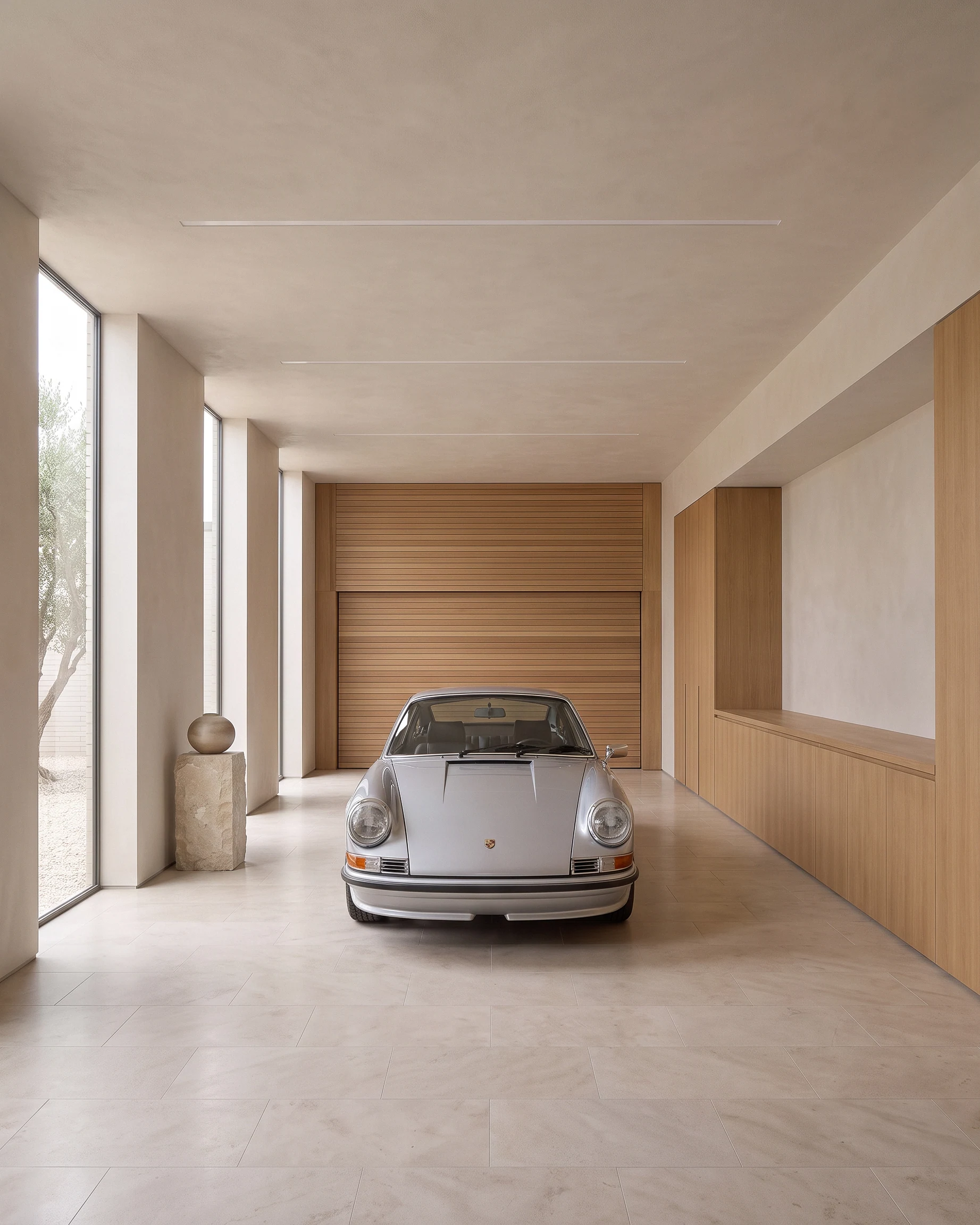 A classic car in the light-filled garage at Tiffany Ranch.
