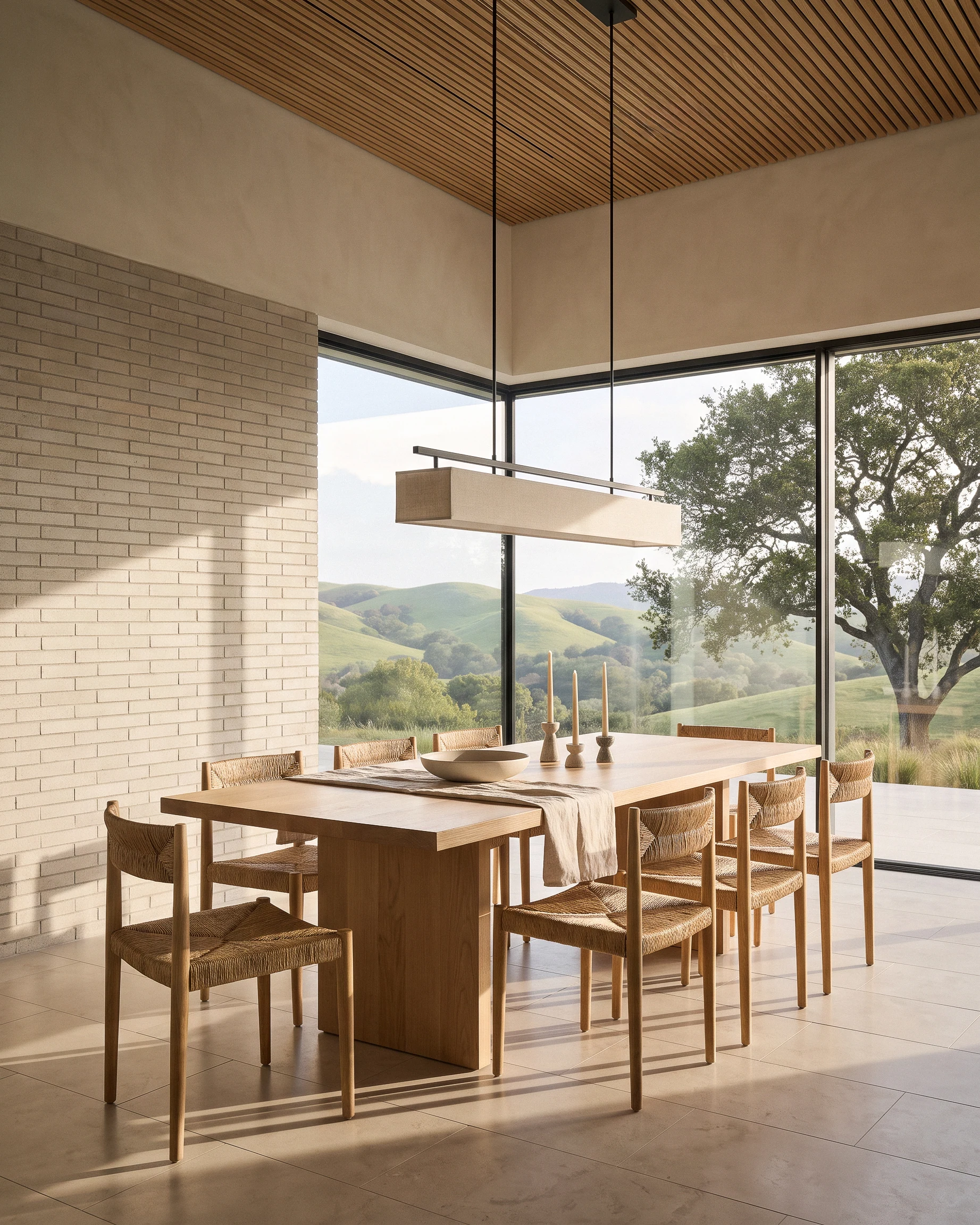 Sunlit dining room at Tiffany Ranch with full-height corner glazing.
