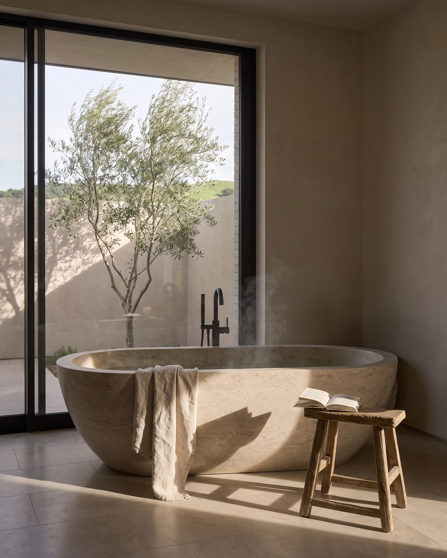 Stone bathtub beside a courtyard-facing window at Tiffany Ranch.