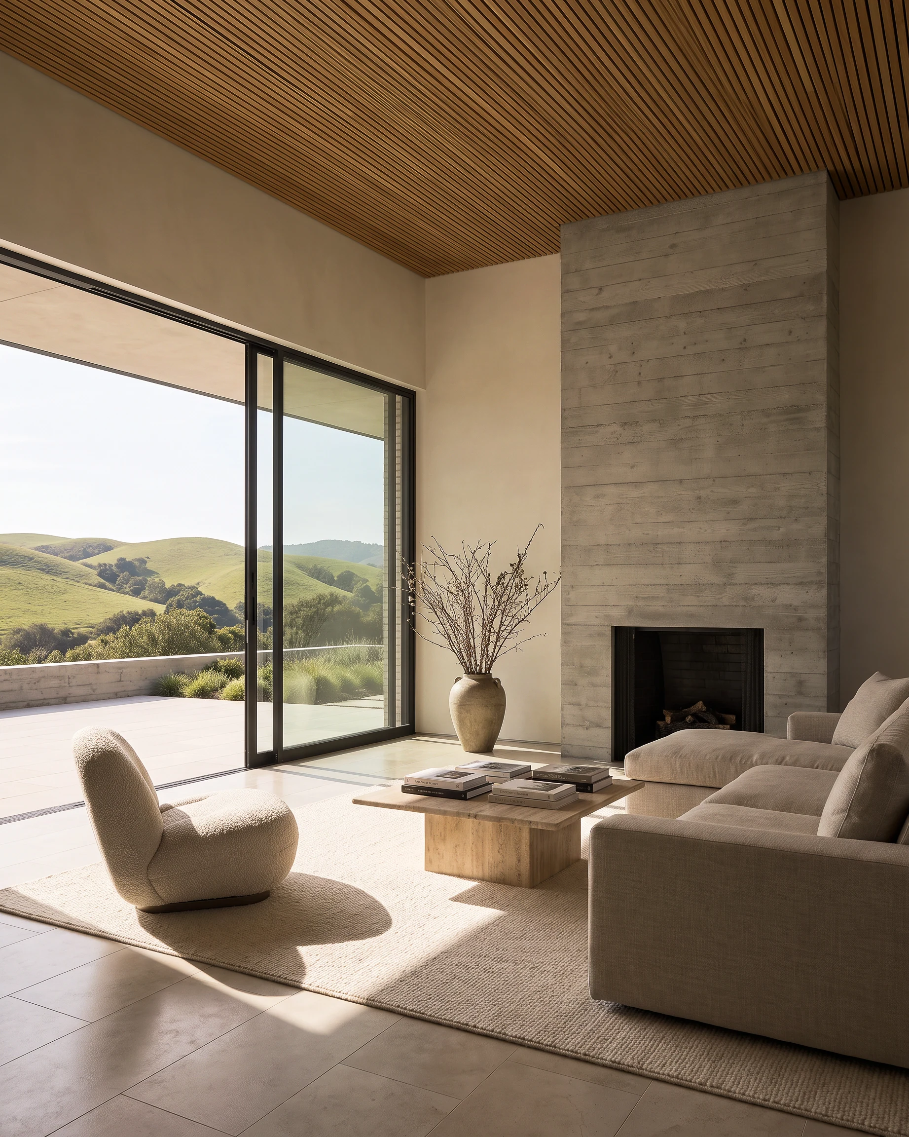 Tiffany Ranch living room with a fireplace and hillside views.
